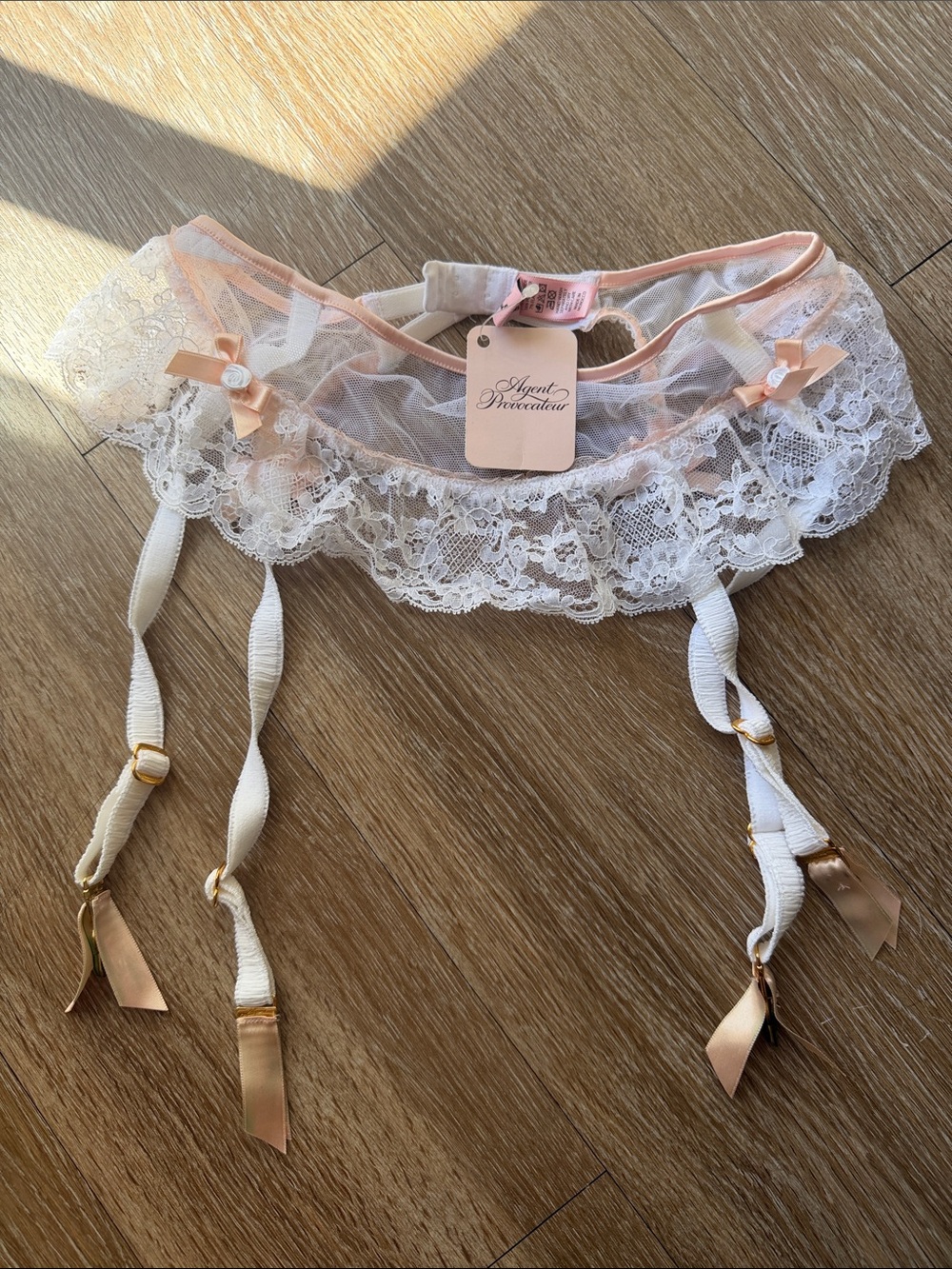 Agent Provocateur Pink and White Lace Suspender Belt